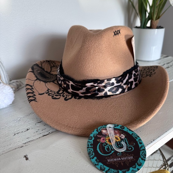 Cowgirl Bohemian Boutique Accessories - Tan Bohemian Cowboy Hat with Leopard Band and sunflower feather design